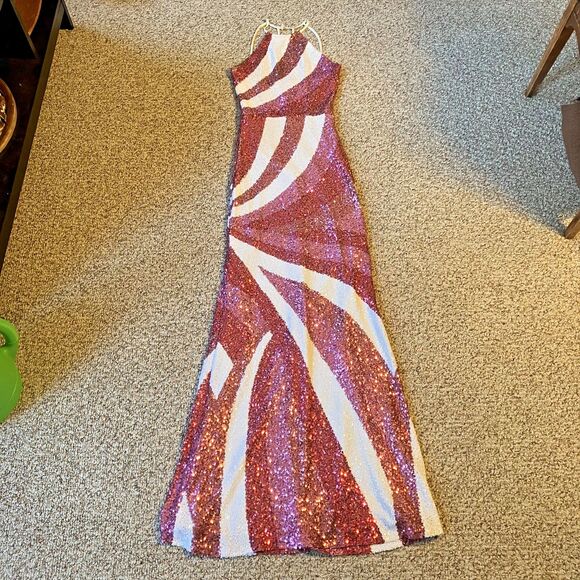 B Darlin Womens Maxi Sequin Dress Gown Size 0 Pink White Barbie Glam HOCO Party - Picture 1 of 13